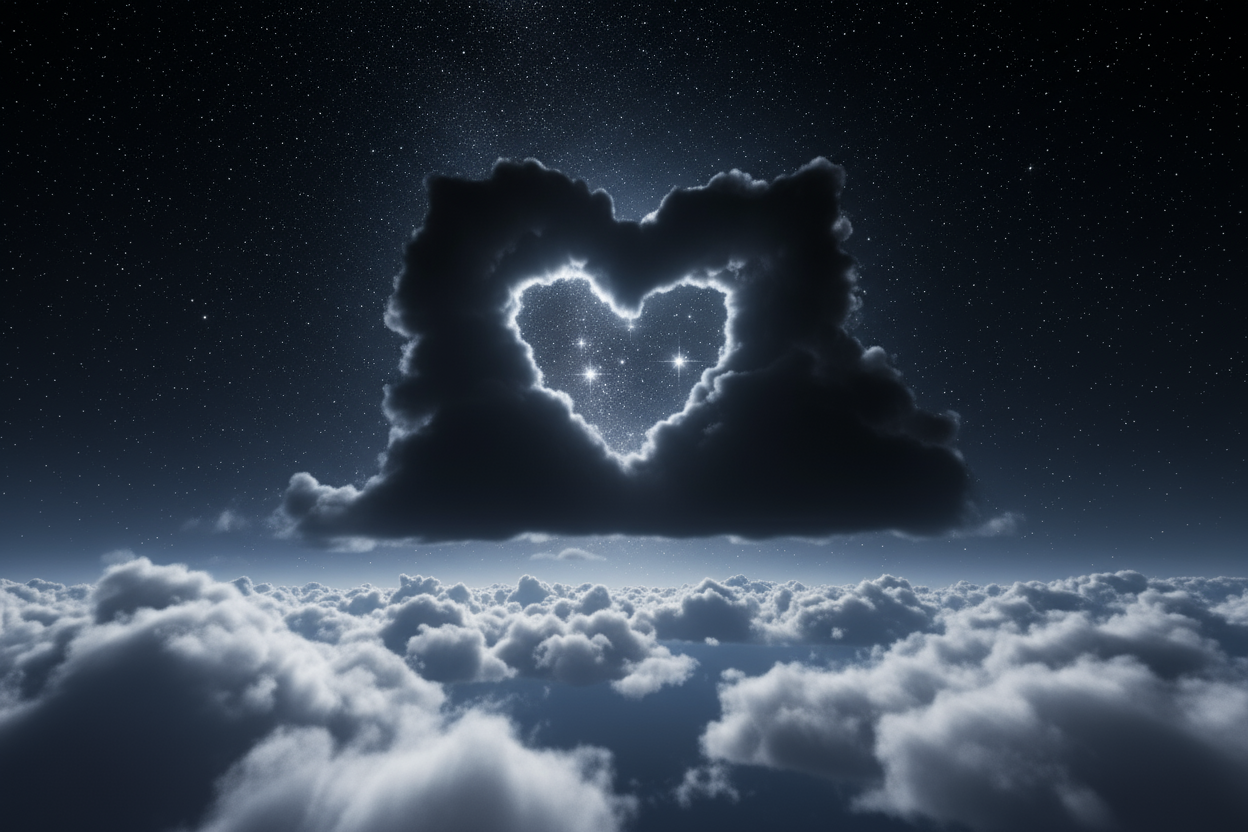 una imagen en donde esten varias nubes de color blanco y la nube principal este arriba del todo de color negro y con un corazon en medio, con fondo de estrellas y en formato realista